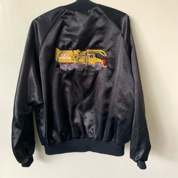 Vintage Trucker Truck Satin Bomber Jacket 1980's 80's Black Satin Bomber Jacket - Picture 1 of 6